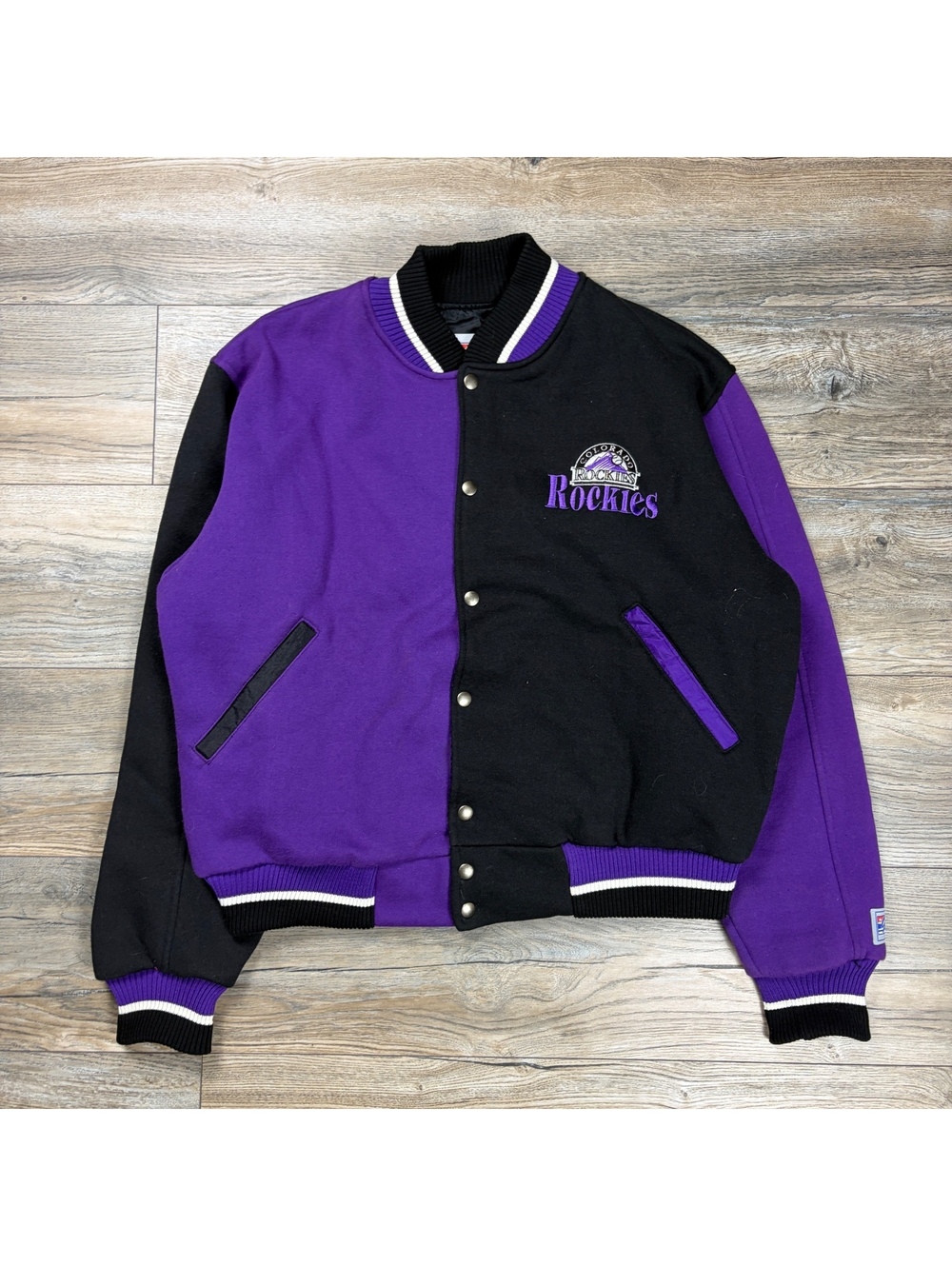 90’s Genuine Merchandise Colorado Rockies black and purple varsity jacket